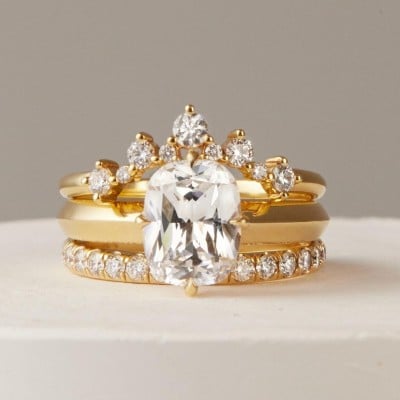 Radiant Cut Diamond White 925 Sterling Silver Solitaire 3-Piece Yellow Gold Ring Set