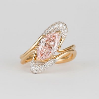 Marquise Cut Fancy Pink 925 Sterling Silver Yellow Gold Art Deco Ring Set