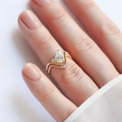 Pear Cut Diamond White 925 Sterling Silver Yellow Gold Art Deco Ring Set
