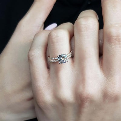 Cushion Cut Diamond White 925 Sterling Silver Rose Gold Hidden Halo Ring Set