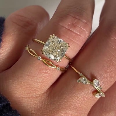 Cushion Cut Diamond White 925 Sterling Silver Yellow Gold Solitaire 3-piece Ring Set