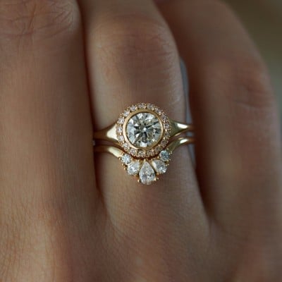 Round Cut Diamond White 925 Sterling Silver Yellow Gold Halo Art Deco Ring Set