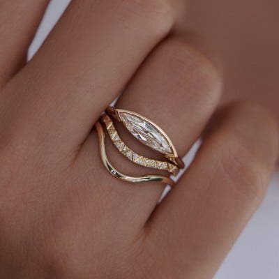 Marquise Cut Diamond White 925 Sterling Silver Yellow Gold Solitaire 3-piece Art Deco Ring Set