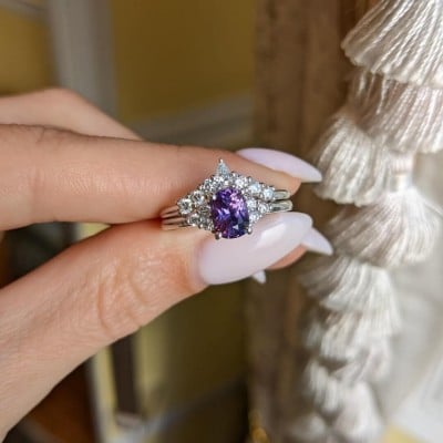 Oval Cut Amethyst Purple 925 Sterling Silver Art Deco Ring Set