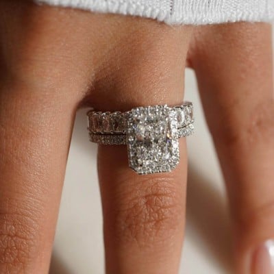 Radiant Diamond White Sterling Silver Halo Ring Set
