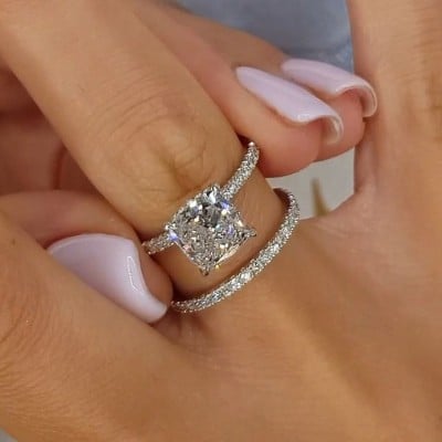Cushion Cut Diamond White Sterling Silver Halo Ring Set