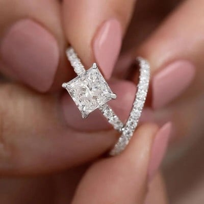 Princess Cut Diamond White Sterling Silver Halo Ring Set