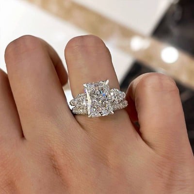 Radiant Cut Diamond White Sterling Silver 3-Stone Ring Set