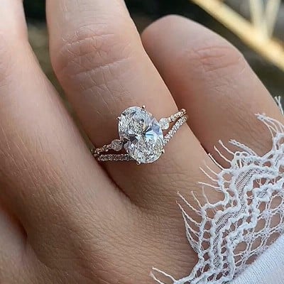 Oval Cut Diamond White Sterling Silver Yellow Gold 3-Stone Ring Set