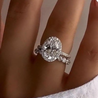 Oval Cut Diamond White Sterling Silver Halo Ring Set