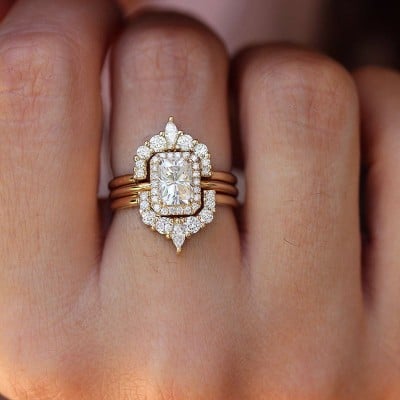 Radiant Cut Diamond White Sterling Silver Yellow Gold Halo Ring Set