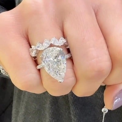 Pear Cut Diamond White Sterling Silver Art Deco Ring Set