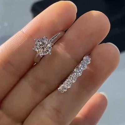 Round Cut Diamond White Sterling Silver Solitaire Ring Set