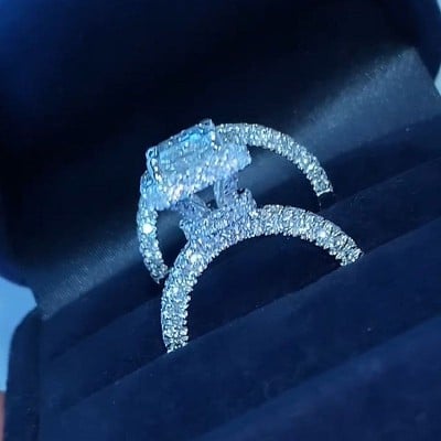 Radiant Cut Diamond White Sterling Silver Halo Ring Set