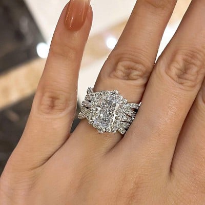 Radiant Cut Diamond White Sterling Silver Insert Halo Ring Set