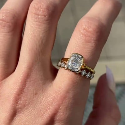 Cushion Cut Diamond White Sterling Silver Yellow Gold Solitaire Ring Set