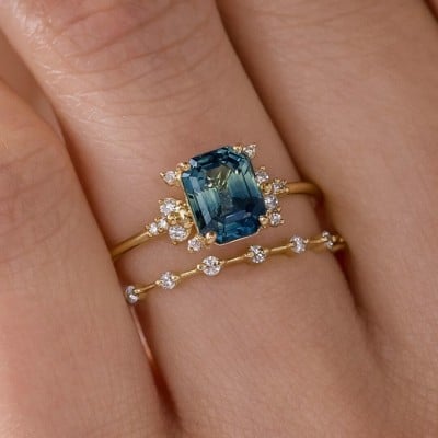 Emerald Cut Sapphire Blue Sterling Silver Yellow Gold Halo Bridal Sets