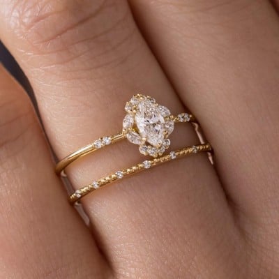 Marquise Cut Diamond White Sterling Silver Yellow Gold Halo Bridal Sets