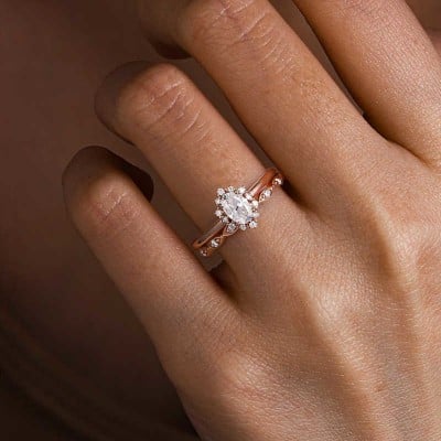 Oval Cut Diamond White Sterling Silver Rose Gold Halo Bridal Sets