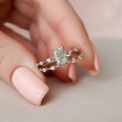 Radiant Cut Diamond White Sterling Silver Bridal Sets