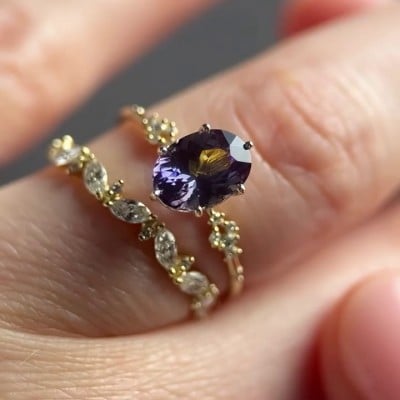 Oval Cut Amethyst Purple Sterling Silver Yellow Gold Bridal Sets