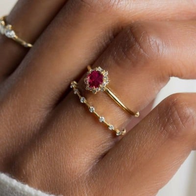 Round Cut Ruby Red Sterling Silver Yellow Gold Halo Bridal Sets