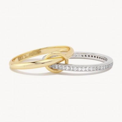 Round Cut Diamond White Sterling Silver Two-tone Interlocking Connected Linked Spinner Ring