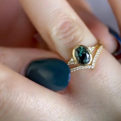 Oval Cut Emerald Green Sterling Silver Yellow Gold 3-Stone Bridal Sets
