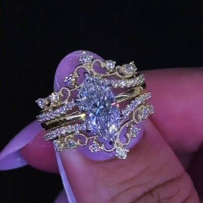 Marquise Cut Diamond White Yellow Gold Sterling Silver Insert Wedding Ring Set