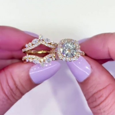 Round Cut Diamond White Yellow Gold Sterling Silver Insert Halo Wedding Ring Set