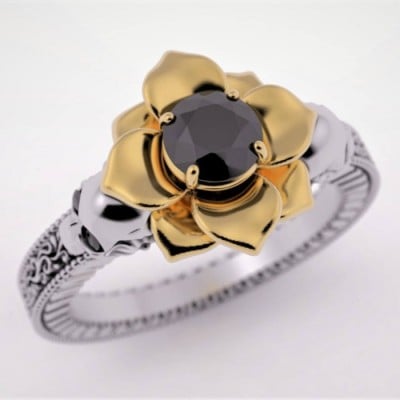 Round Cut Fancy Black 925 Sterling Silver Yellow Gold Skull Ring