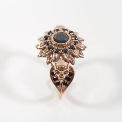 Round Cut Fancy Black 925 Sterling Silver Rose Gold Halo Skull Ring