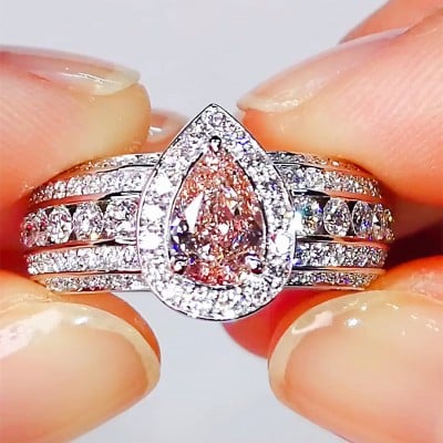 Fancy Pink Pear Cut Halo Engagement Ring in 925 Sterling Silver