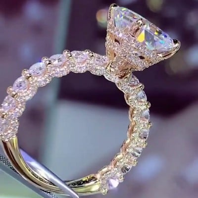 Radiant Cut Diamond White Yellow Gold Art Deco Engagement Ring in 925 Sterling Silver