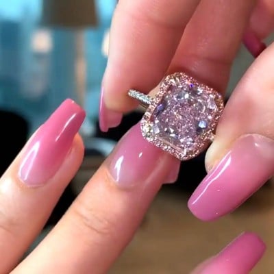 Radiant Cut Fancy Pink 925 Sterling Silver Halo Engagement Ring