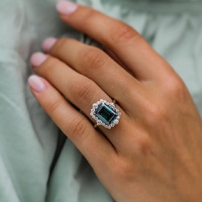 Emerald Cut Emerald Green Yellow Gold Halo Engagement Ring in 925 Sterling Silver