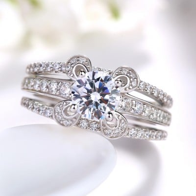 Round Cut Diamond White 925 Sterling Silver 3-Piece Ring Set