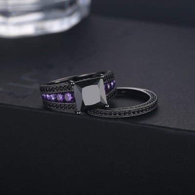 Princess Cut Fancy Black Sterling Silver Bridal Ring Set
