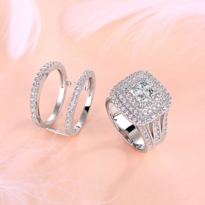 Princess Cut Diamond White Halo Insert Bridal Sets in 925 Sterling Silver