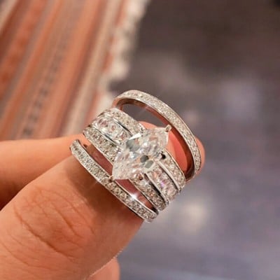 Marquise Cut Diamond White 925 Sterling Silver 3-Piece Bridal Sets