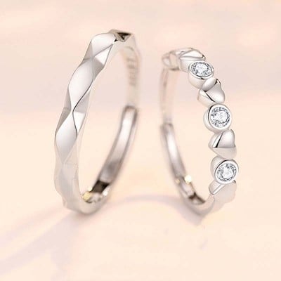 Round Diamond White Sterling Silver Heart Couple Rings
