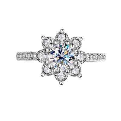 Round Cut Moissanite Diamond White 925 Sterling Silver Halo Engagement Ring