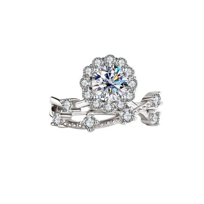 Round Cut Moissanite Diamond White 925 Sterling Silver Halo Engagement Ring