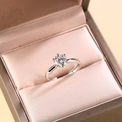 Round Cut Moissanite Diamond White 925 Sterling Silver Adjustable Size Solitaire Engagement Ring