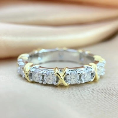 Round Cut Moissanite Diamond White 925 Sterling Silver Two-tone Wedding Band Ring
