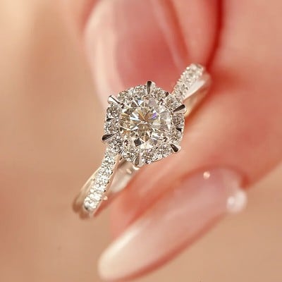Round Cut Moissanite Diamond White 925 Sterling Silver Halo Engagement Ring