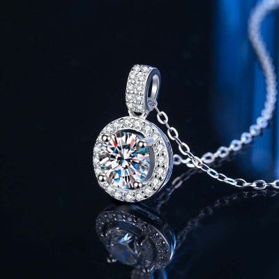 Round Diamond White 925 Sterling Silver Halo 16" Necklace