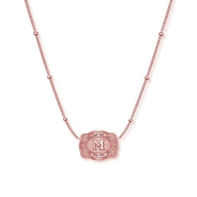 Unisex Ultra Mini Initial Rose Gold S925 Silver Belt Buckle Necklace with Beaded Chain