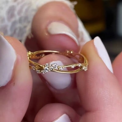 Round Cut Diamond White 925 Sterling Silver Yellow Gold Minimalist Stackable Band