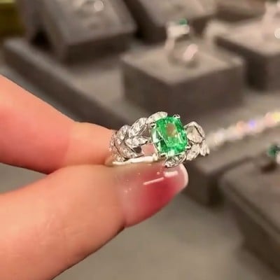 Radiant Cut Emerald Green Art Deco Engagement Ring in 925 Sterling Silver